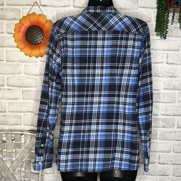 L.L. Bean Blue Plaid Flannel Button Down Shirt Top Loose Fit Size XS Vintage - Picture 3 of 6